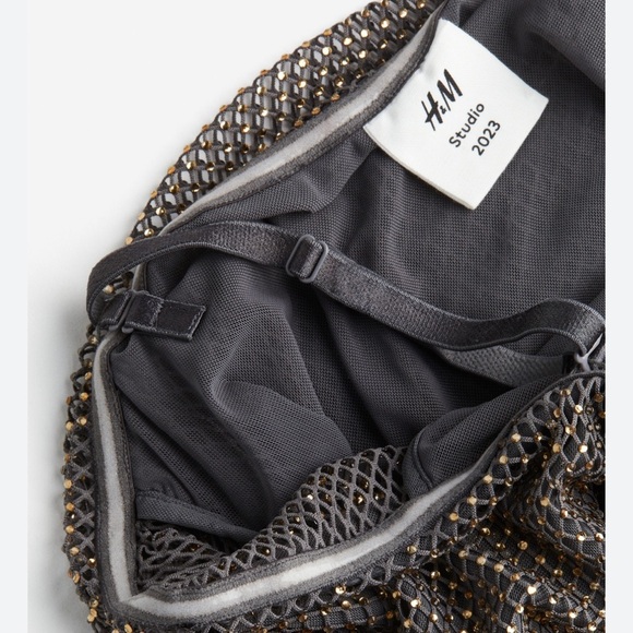 H&M Studio 2023 Rhinestone-Embellished Off-the-Shoulder Dress Charcoal gray/gold - Picture 4 of 16